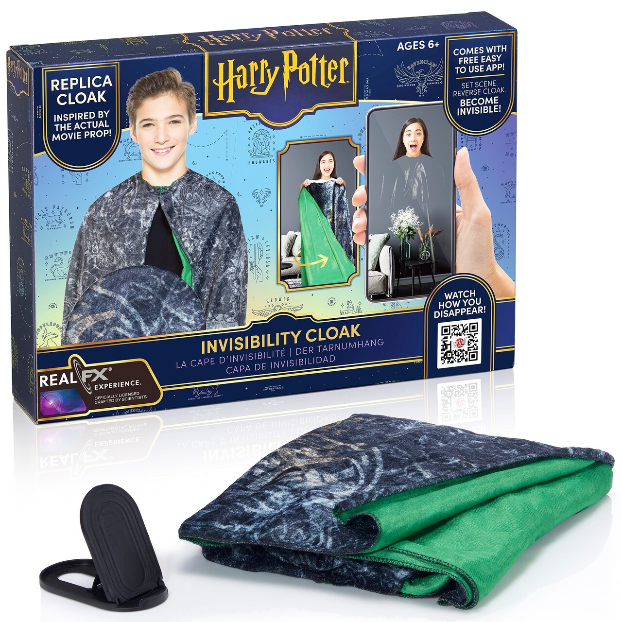 WOW! STUFF: Harry Potter: Invisibility Cloak by RealFX - 44" Luxury Navy Fabric Robe, Movie Replica, App Green Screen Tech, Wizarding World, Ages 6+